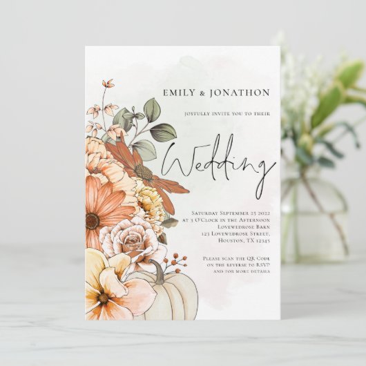 Autumn Floral Pumpkin Script QR Code Weddenschap Kaart (Staand voorkant)