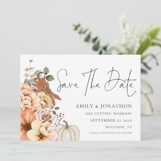 Autumn Florals Pumpkin QR Code Weddenschap Save The Date (Staand voorkant)