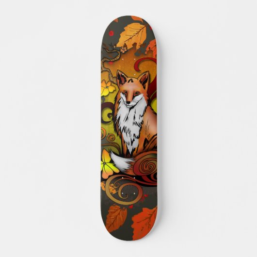 Autumn Fox Dark Grey Leaves Illustration Skateboard (Voorkant)
