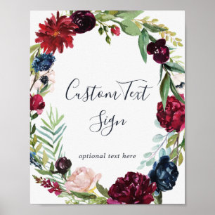 Autumn Garden Burgundy WreatCustom Text Sign Poster