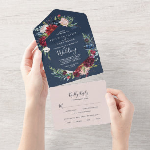 Autumn Garden   Navy Blue Wedding All In One Uitnodiging