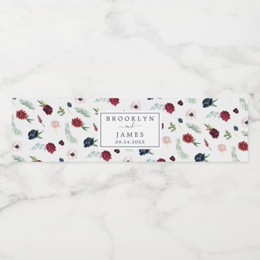 Autumn Garden Pattern | Bourgogne bruiloft Waterfles Etiket (Enkel label)