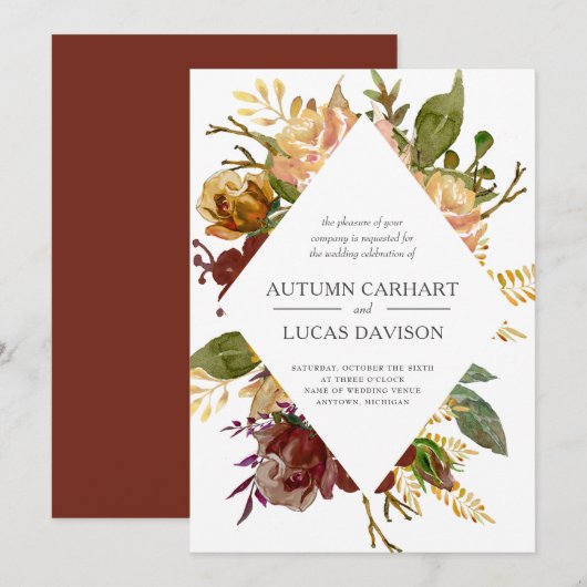 Autumn Garden Rustic Floral Diamond Wedding Kaart (Voorkant / Achterkant)