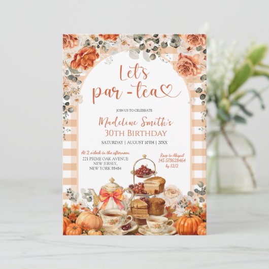 Autumn Gingham Pumpkin Let's ParTea Verjaardagsfee Kaart (Staand voorkant)