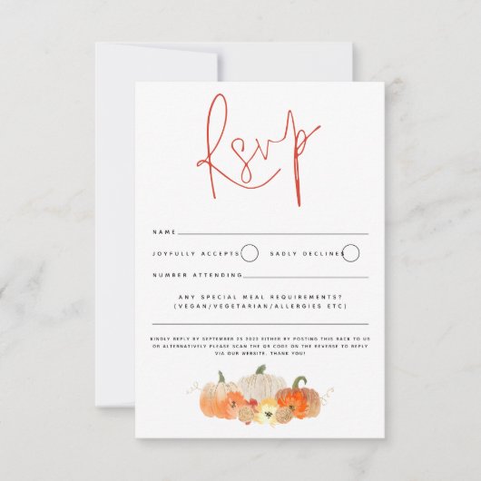 Autumn Glittery Pumpkins Florals Script QR Code RSVP Kaartje (Voorkant)