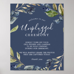 Autumn Greenery Navy Unplugged Ceremony Sign Poster