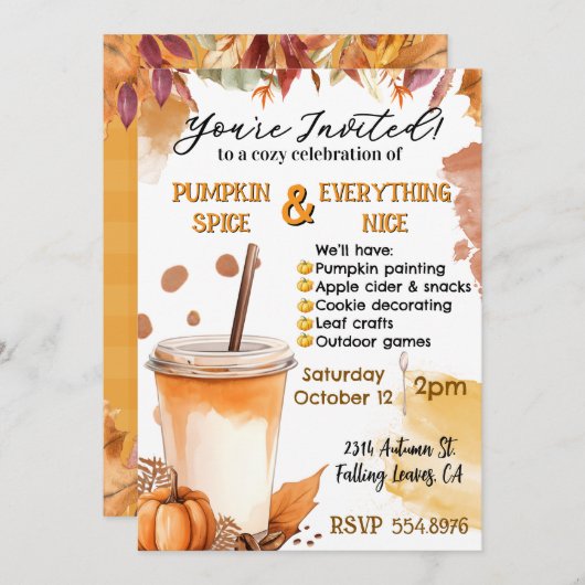 Autumn Herfst Pumpkin Spice Party Invitation Kaart (Voorkant / Achterkant)