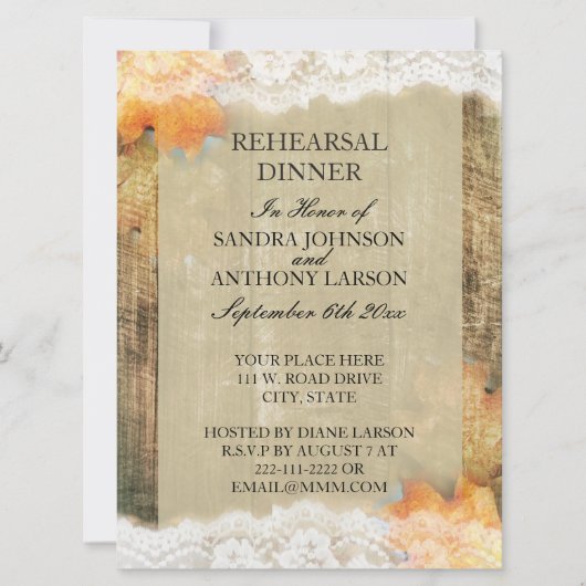 Autumn Lace Rustic Rehearsal Dinner Invitation Kaart (Voorkant)