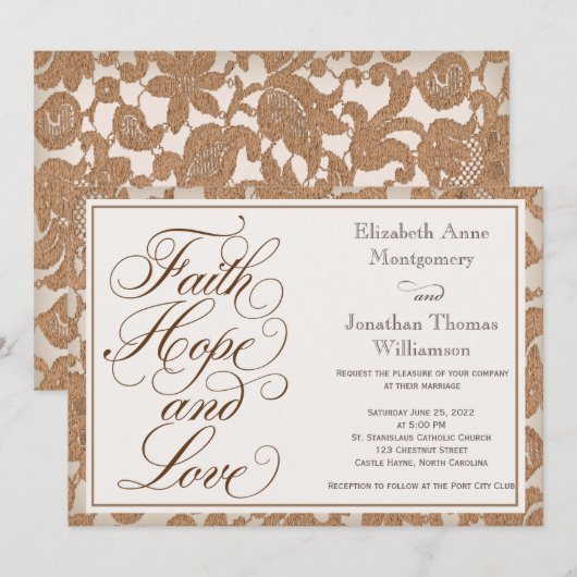 Autumn Lace Script Faith Hope & Love Wedding Kaart (Voorkant / Achterkant)