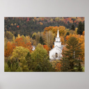 Autumn landschap met kerk, Vermont, VS Poster