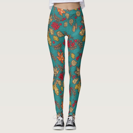 Autumn Leaf Foliage Blauwgroen Leggings (Voorkant)