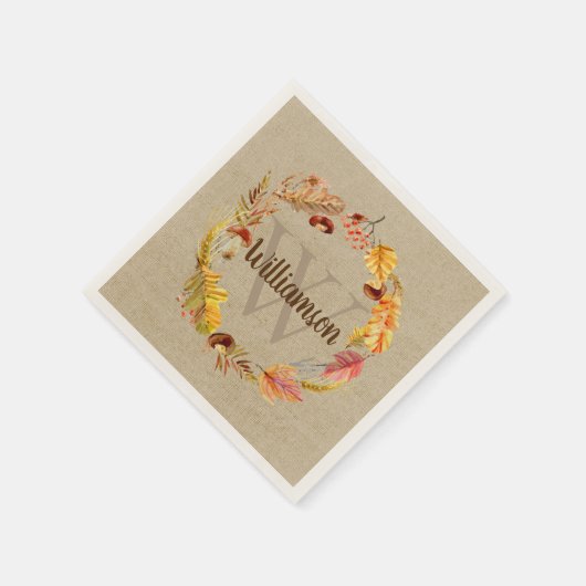 Autumn Leaf Wreath Custom Monogram Thanksgiving Servet (Hoek)