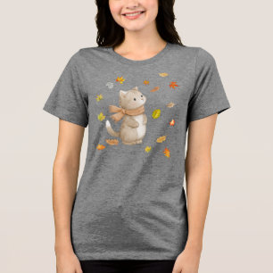 Autumn Leaves Cat – Gezellige Herfst Kat Illustrat Tri-Blend Shirt
