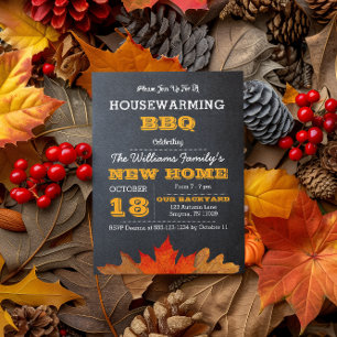 Autumn Leaves & Chalkboard Housewarming Uitnodigin Kaart