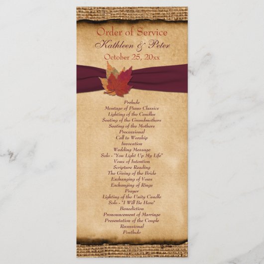 Autumn Leaves FAUX Burlap Wedding Program - Wijn Programma (Voorkant)