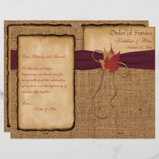 Autumn Leaves, FAUX Burlap Wedding Program - Wine (Voorkant / Achterkant)