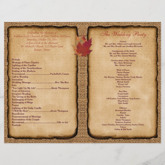 Autumn Leaves, FAUX Burlap Wedding Program - Wine (Achterkant)