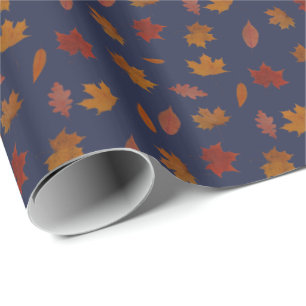 Autumn Leaves Fotografisch op Blauwe Aangepaste Kl Cadeaupapier