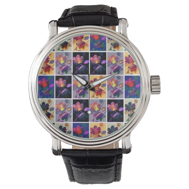 Autumn Leaves Rustic Patchwork Quilt Collage Horloge (Voorkant)