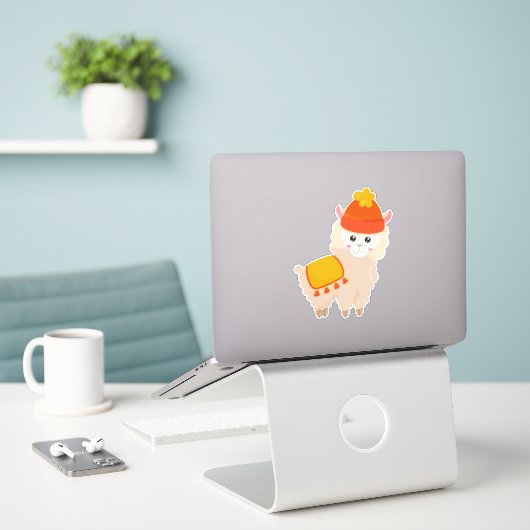 Autumn Llama, Cute Llama, Alpaca, Llama met Pet Sticker (Laptop op bureau)