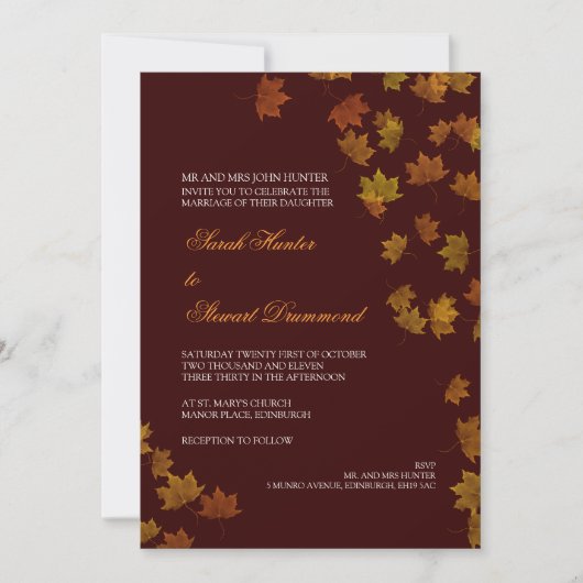 Autumn Maple Leaf Wedding Invitation - Brown Kaart (Voorkant)