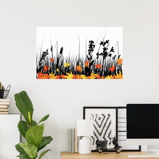 Autumn Maple Leaves en Wild Grass Silhouette Poster (Thuiskantoor)