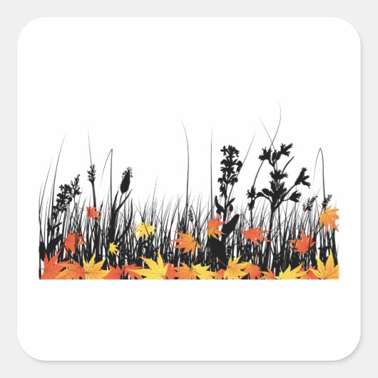 Autumn Maple Leaves en Wild Grass Silhouette Vierkante Sticker (Voorkant)