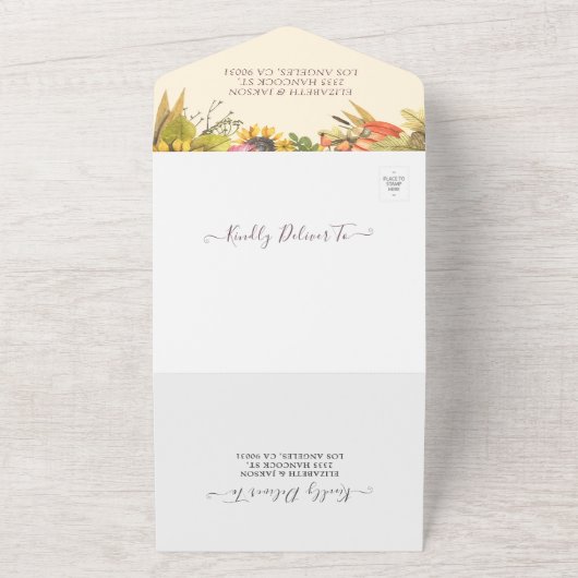 Autumn Maple Leaves Pumpkin Sunflower Weddenschap  All In One Uitnodiging (Buitenkant)