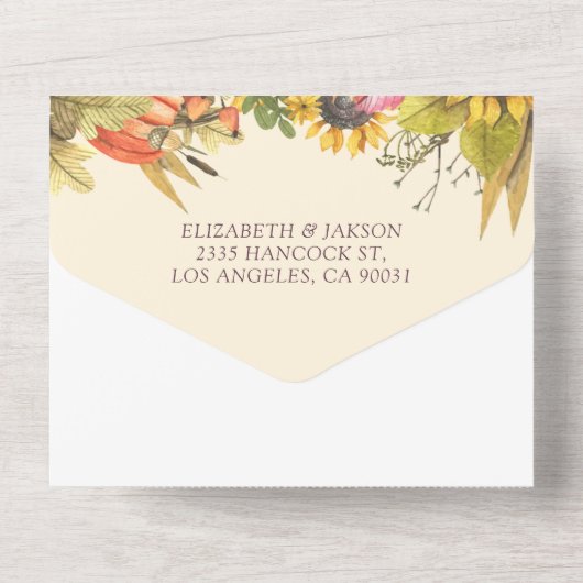 Autumn Maple Leaves Pumpkin Sunflower Weddenschap  All In One Uitnodiging (Achterkant)