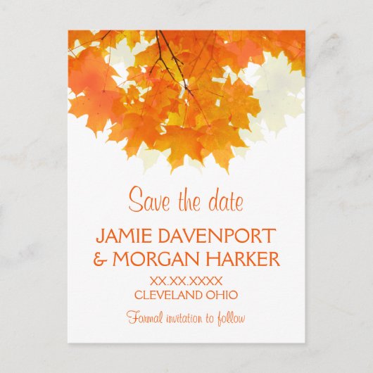 Autumn Maple Leaves Wedding Save the Date Aankondigingskaart (Voorkant)