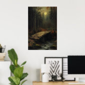 Autumn Moonlit Forest Bridge Rustic Woodland Art Poster (Thuiskantoor)