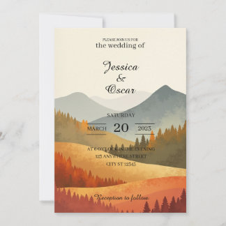 Autumn Mountain Watercolor Wedding Invitation Kaart