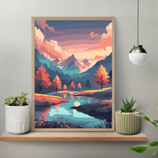 Autumn Nature Landscape River Mountain And Trees Poster