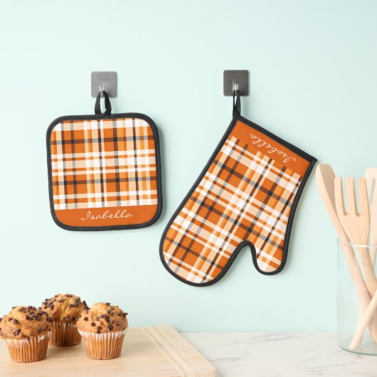 Autumn Plaid Burnt Sinaasappel Wit Zwart Ovenwant & Pannenlap Set (Insitu(Ophanging))