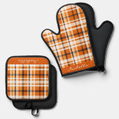 Autumn Plaid Burnt Sinaasappel Wit Zwart Ovenwant & Pannenlap Set (Voorkant / Achterkant)