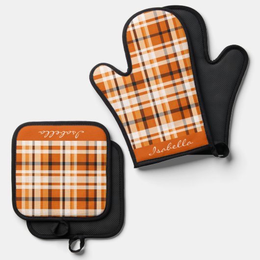 Autumn Plaid Burnt Sinaasappel Wit Zwart Ovenwant & Pannenlap Set (Voorkant / Achterkant)