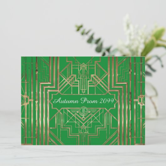 Autumn Prom-uitnodiging, goud, groen, Gatsby V3 Kaart (Staand voorkant)