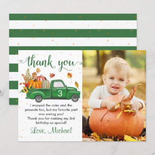 Autumn Pumpkin Leaves Green Truck Birthday Foto Bedankkaart