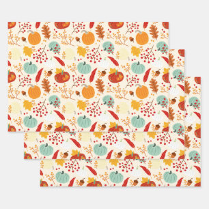 Autumn Pumpkins and Leaves Pattern Inpakpapier Vel