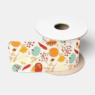 Autumn Pumpkins and Leaves Pattern Satin Ribbon Lint