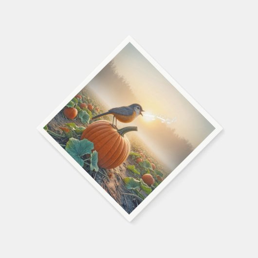 Autumn Robin zingt op een pompoen Servet (Hoek)