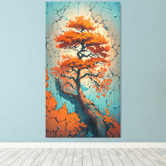 Autumn’s Last Stand: A Fiery Tree in a Cracked  Canvas Afdruk
