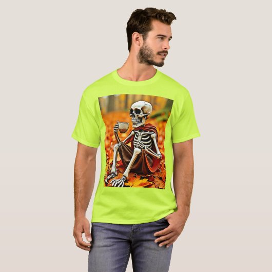 Autumn Skeleton Coffee Break Ontwerp T-shirt (Voorkant volledig)