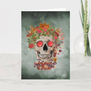 Autumn Skull op Green Background Halloween Card Bedankkaart