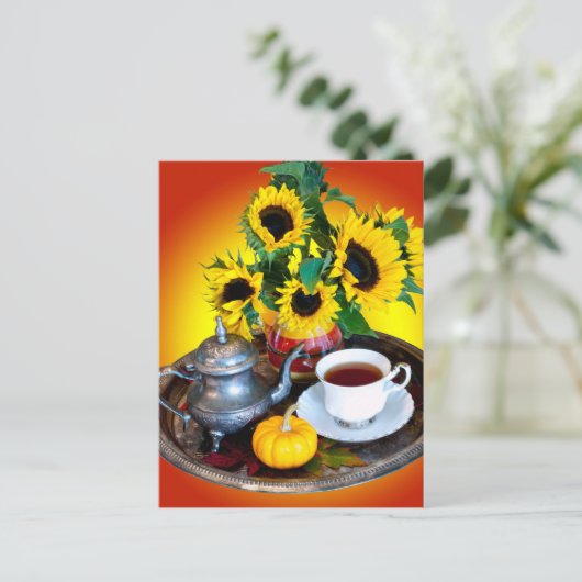 Autumn Tea Service met zonnebloemen Briefkaart (Staand voorkant)