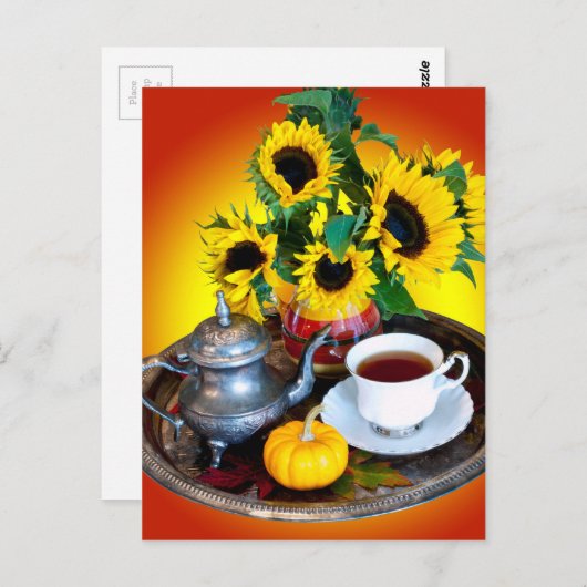 Autumn Tea Service met zonnebloemen Briefkaart (Voorkant / Achterkant)