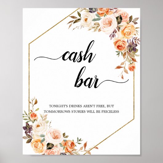 Autumn Terracotta Floral Geometric Cash Bar Sign Poster (Voorkant)