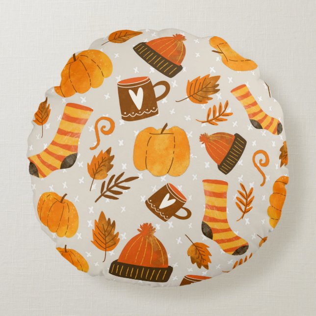 Autumn Theme Seamless Pattern Tile Rond Kussen (Voorkant)