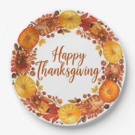 Autumn themed thanksgiving with flowers  pumpkins papieren bordje