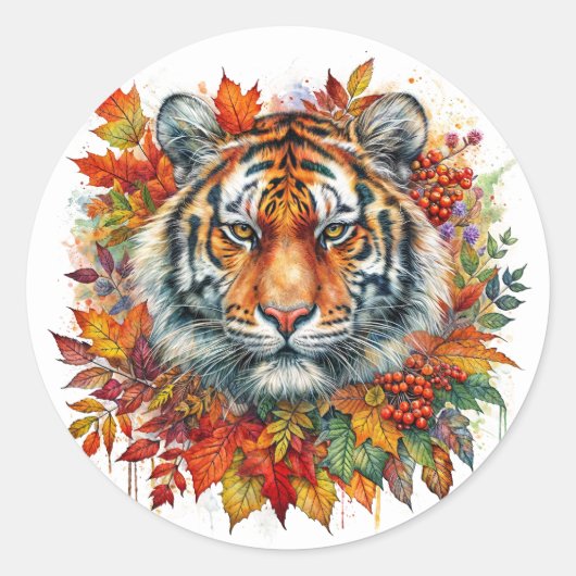 Autumn Tiger Face Among Fall Leaves Ronde Sticker (Voorkant)